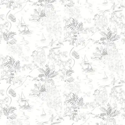 Papel pintado de Toile de Jouy en color gris Paysage Littoral Bateaux 36230309