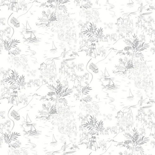 Papel pintado de Toile de Jouy en color gris Paysage Littoral Bateaux 36230309