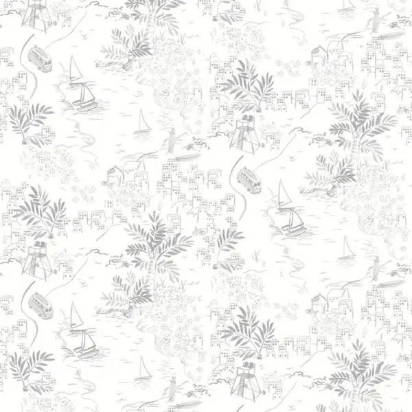 Papel pintado de Toile de Jouy en color gris Paysage Littoral Bateaux 36230309