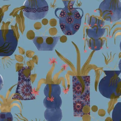 Papel pintado de jarrones en color azul Anfore 00014
