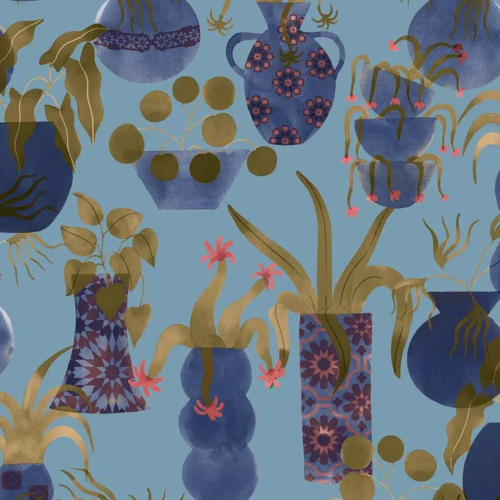 Papel pintado de jarrones en color azul Anfore 00014
