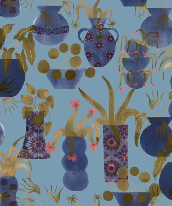 Papel pintado de jarrones en color azul Anfore 00014