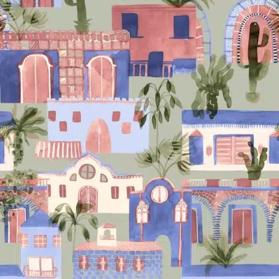Papel pintado de casas en color verde Eldorado 00041