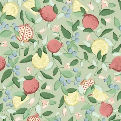 Papel pintado de frutas en color verde Malagranatum 00072