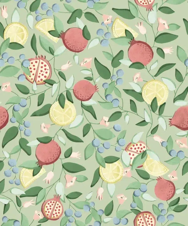 Papel pintado de frutas en color verde Malagranatum 00072