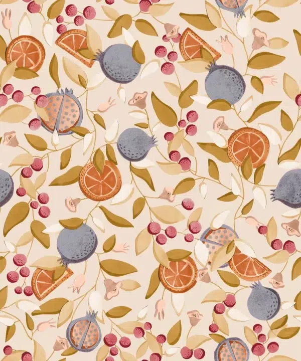 Papel pintado de frutas en color rojo Malagranatum 00073