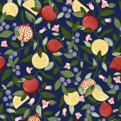 Papel pintado de frutas en color azul Malagranatum 00074