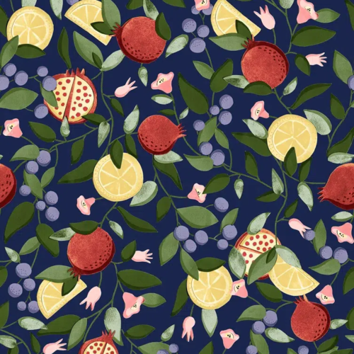 Papel pintado de frutas en color azul Malagranatum 00074