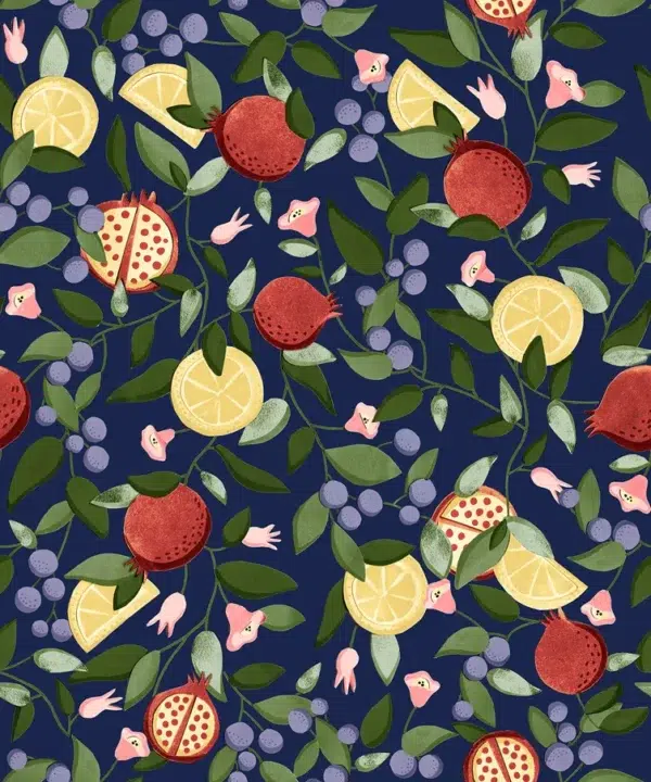 Papel pintado de frutas en color azul Malagranatum 00074