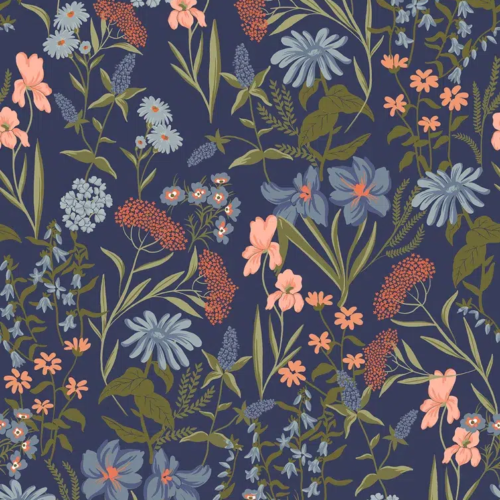 Papel pintado de estampado floral en color azul Sambuco 00091
