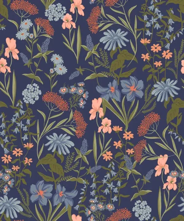Papel pintado de estampado floral en color azul Sambuco 00091