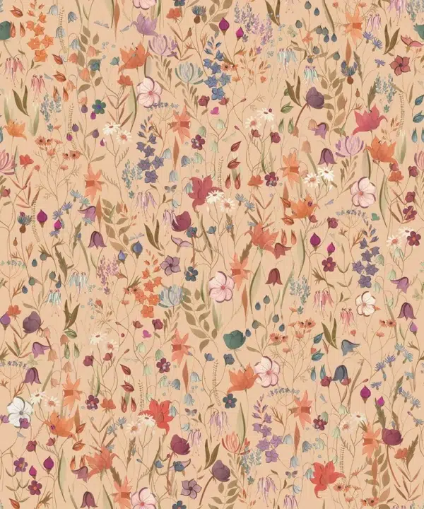 Papel pintado estampado floral en color naranja Campo Fiorito 00102