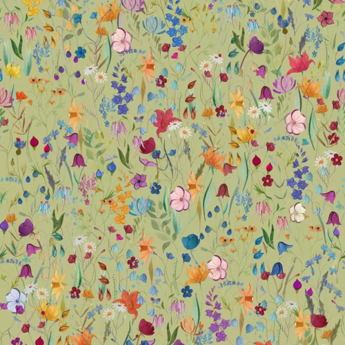 Papel pintado estampado floral en color verde Campo Fiorito 00103