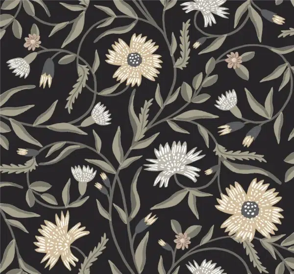 Papel pintado de estampado floral en color negro Aster RF7434