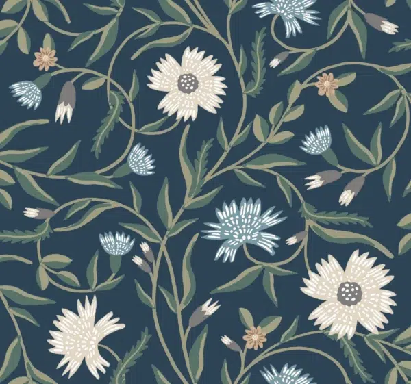 Papel pintado de estampado floral en color azul Aster RF7435