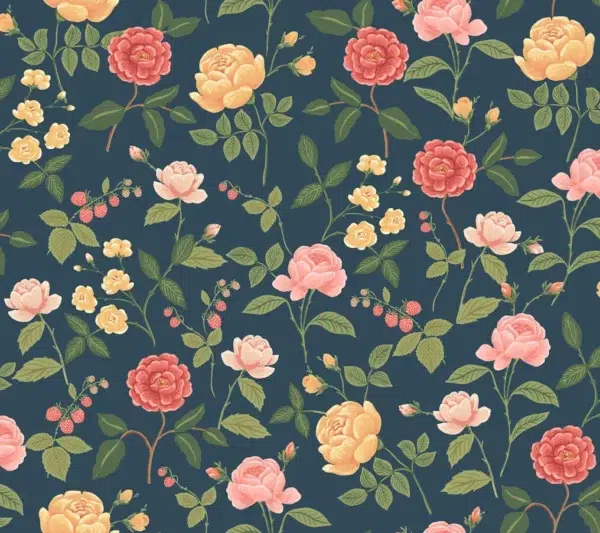 Papel pintado de estampado floral en color azul Roses RF7544