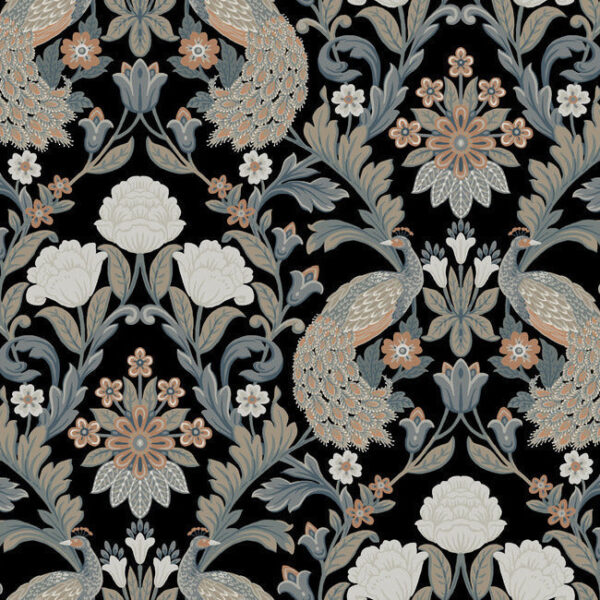 Papel pintado de estampado floral en color negro Plume Dynasty AC9101