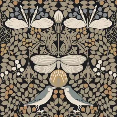 Papel pintado de hojas en color negro Butterfly Garden AC9162