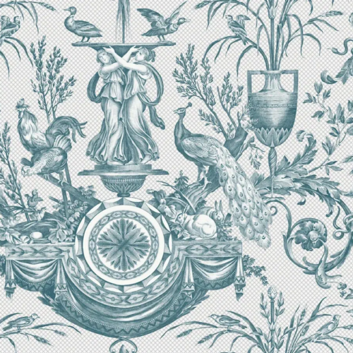 Papel pintado de toile de jouy en color verde Avian Fountain Toile RT7811