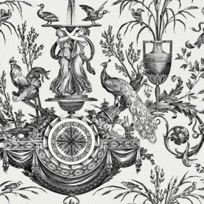 Papel pintado de toile de jouy en color negro Avian Fountain Toile RT7813
