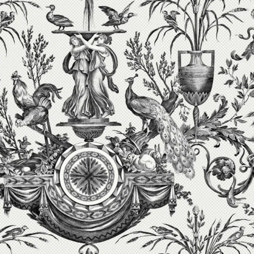 Papel pintado de toile de jouy en color negro Avian Fountain Toile RT7813