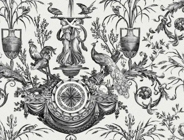 Papel pintado de toile de jouy en color negro Avian Fountain Toile RT7813