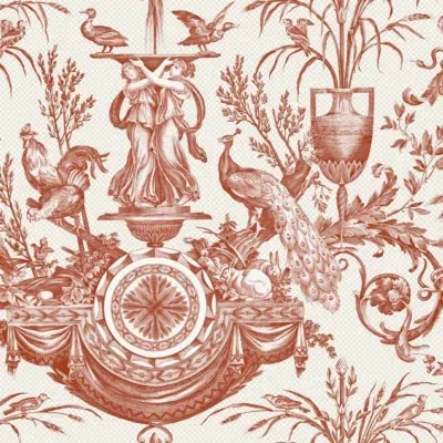 Papel pintado de toile de jouy en color rojo Avian Fountain Toile RT7814
