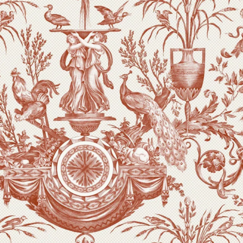 Papel pintado de toile de jouy en color rojo Avian Fountain Toile RT7814