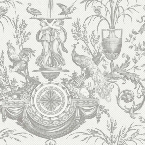Papel pintado de toile de jouy en color gris Avian Fountain Toile RT7815