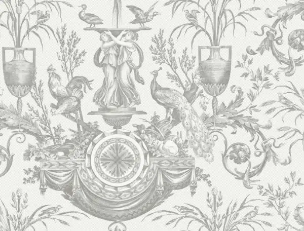 Papel pintado de toile de jouy en color gris Avian Fountain Toile RT7815